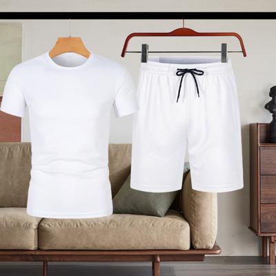 2Pcs/Set Men Sportswear Set Round Neck Short Sleeve Tee Shirt Elastic Waist Adjustable Drawstring Shorts Set Casual Outfit