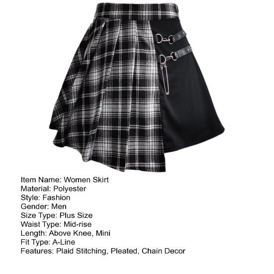 Women Mini Skirt Checkered Print Contrasting Color Pleated Skirt High Waist Metal Chains Belts Decoration Irregular Skirt