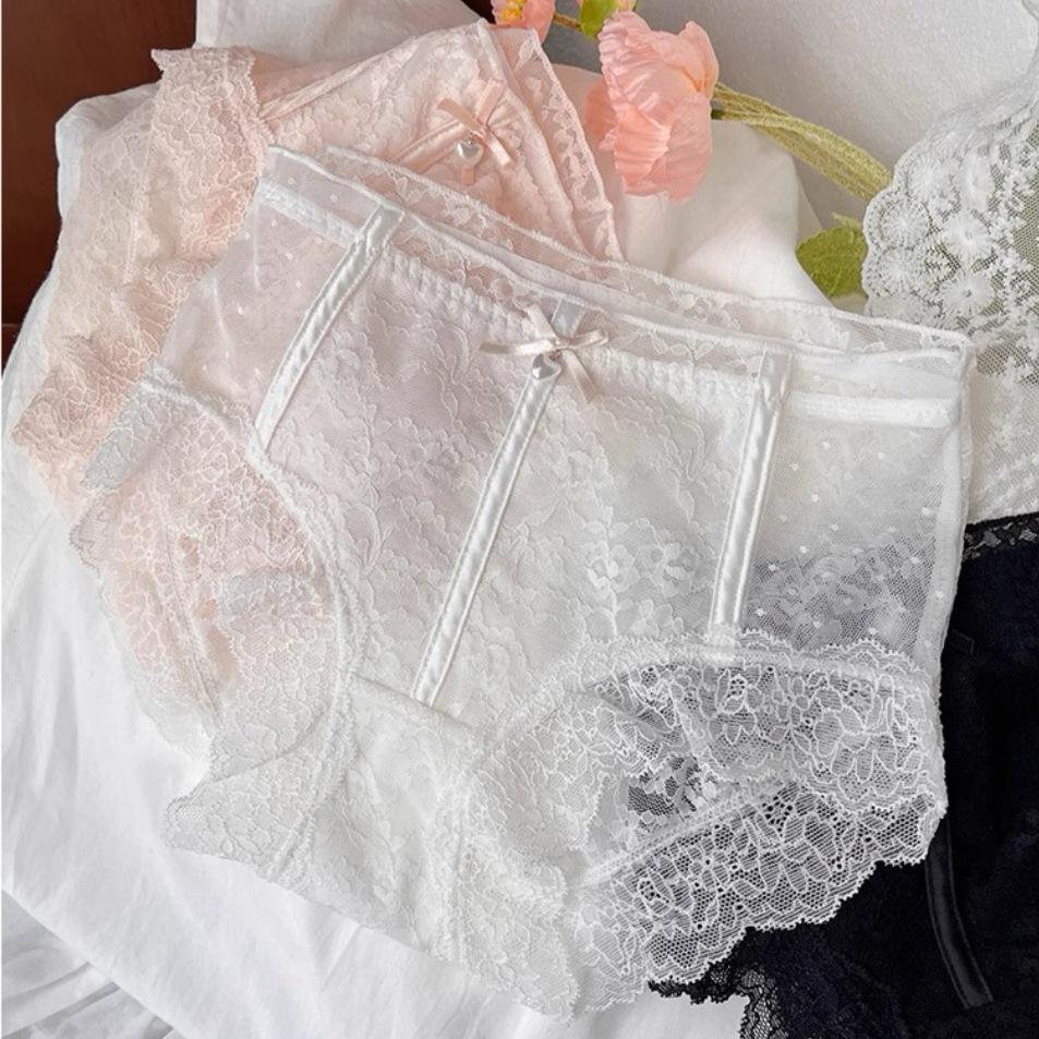Flower Shadow Mist Veil: Japanese Lace Mid-Waist Breathable Cotton Women's Thongs