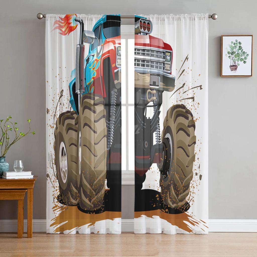 Truck Car Cartoon Voile Curtains Window Treatment Kitchen Living Room Bedroom Decoration Chiffon Tulle Modern Light Filtering Made Of Polyester