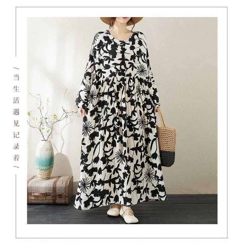 Round Neck Long Sleeve Loose Literary Vacation Style Dress