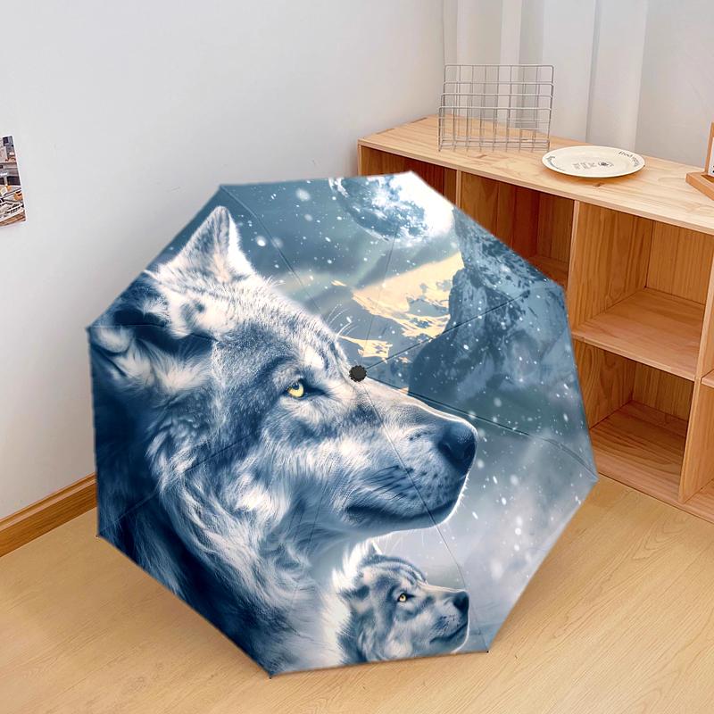 1 ks automatický skládací deštník - Krásný vzor vlka, Přenosný a skládací design s 8 žebry, Vánoční narozeninové dárky