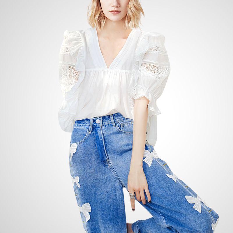 

Fairy French Style Shirt Summer Dress Lantern Sleeve Hollow Lace White L