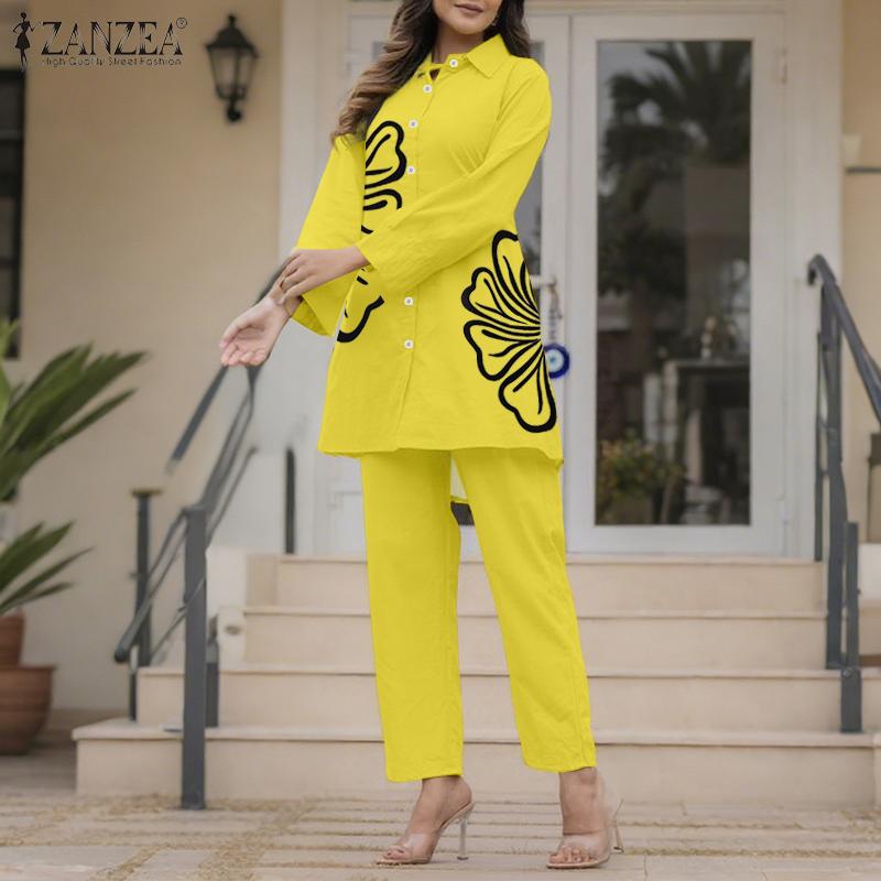 ZANZEA Women Long Sleeve Print Blouse and Pants Casual Two Piece Suit Sets