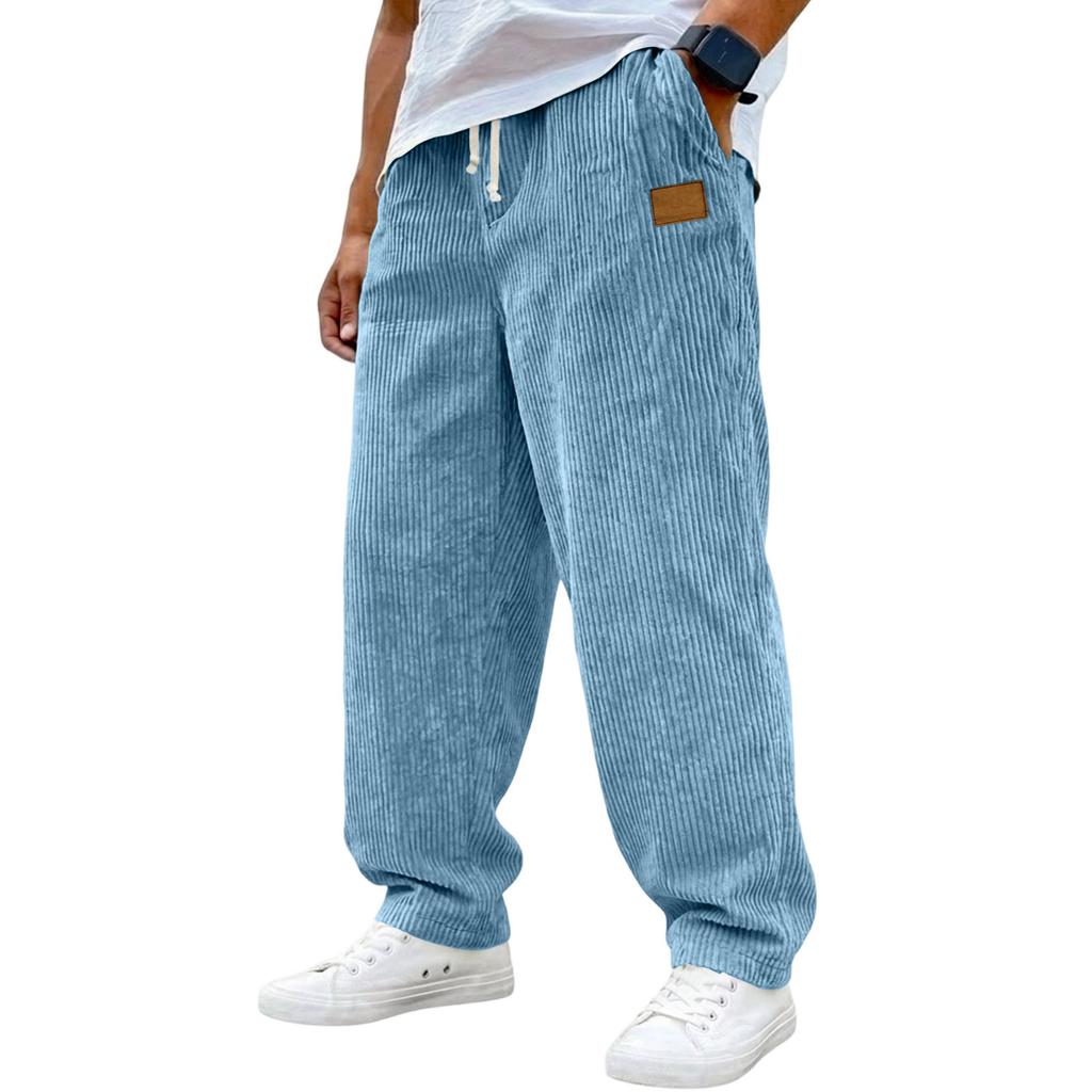 Mens Corduroy Loose Fit Trousers Casual Drawstring Waist Wide Leg Pants Relaxed Fit Corduroy Pants with Pockets for Everyday Wear