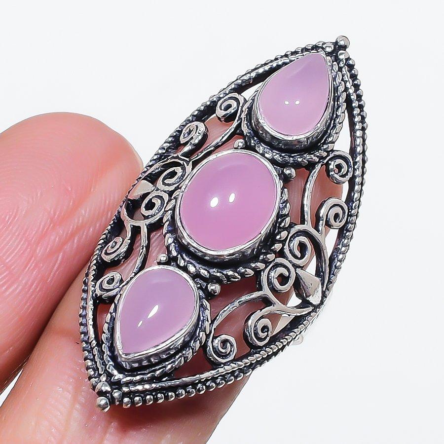 Natural Pink Chalcedony Gemstone 925 Sterling Silver Jewelry Ring Size 9 N1u70