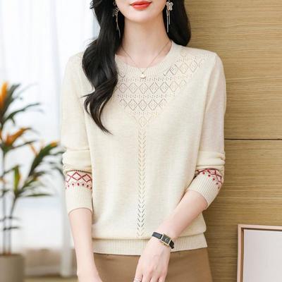 Thin Knitted Sweater Women's Spring Pullover Loose Version Fashion Mother Temperament Hollow Round Neck Long Sleeve Top Women's Front Shoulder
