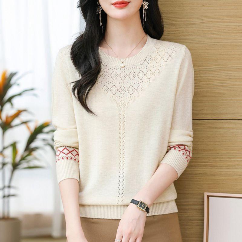 Thin Knitted Sweater Women's Spring Pullover Loose Version Fashion Mother Temperament Hollow Round Neck Long Sleeve Top Women's Front Shoulder