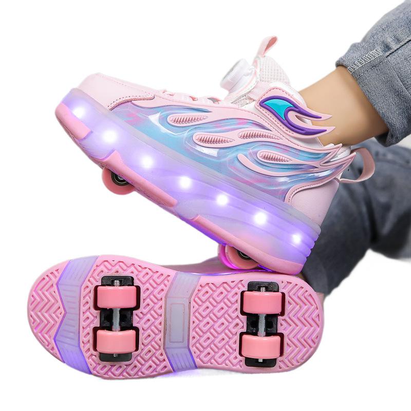 2025 Spring and Autumn New Children's Charging Light Shoes Sports Skates Runaway Shoes Four-wheel Pulley Shoes Button Sports Shoes