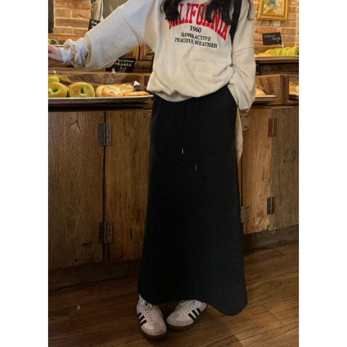 Women's Fleece Lined High Waist A-Line Sweatshirt Midi Skirt with Drawstring