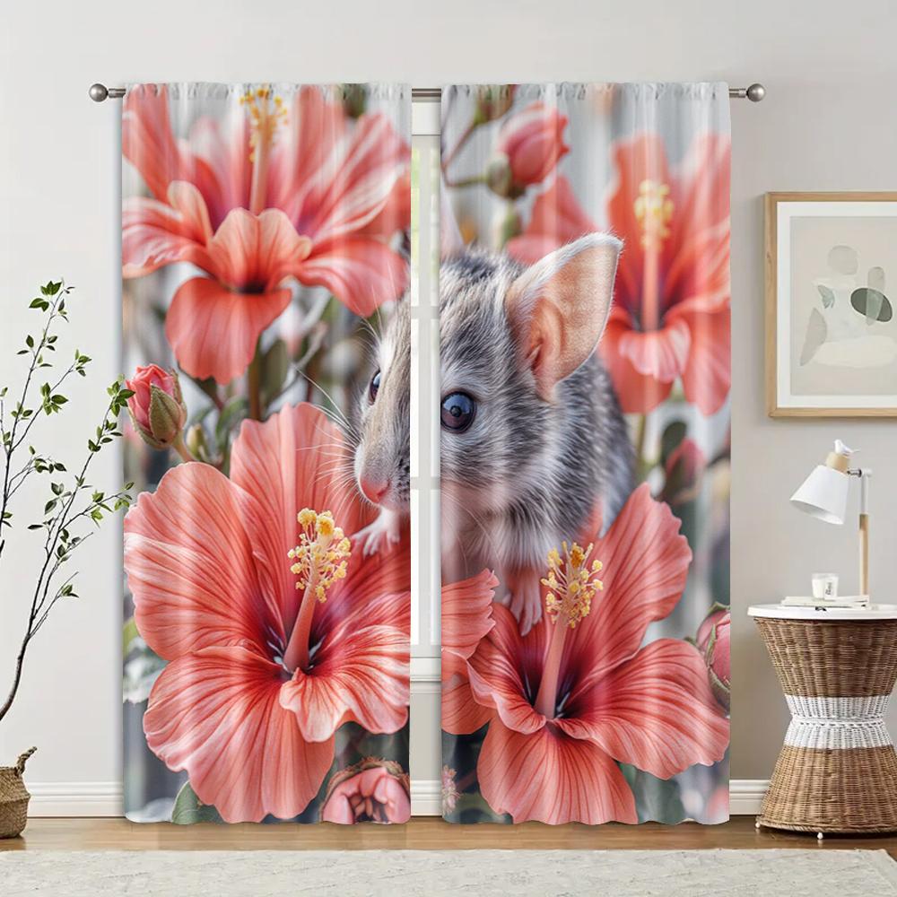 

Set Of 2 Filtering Curtains Excluding Rods Non Movable Without Batteries Mouse Red Flowers Use Bedrooms Living Made Polyester Bedroom Decor Window W100*H70(CM)-Grommet top&1PCS