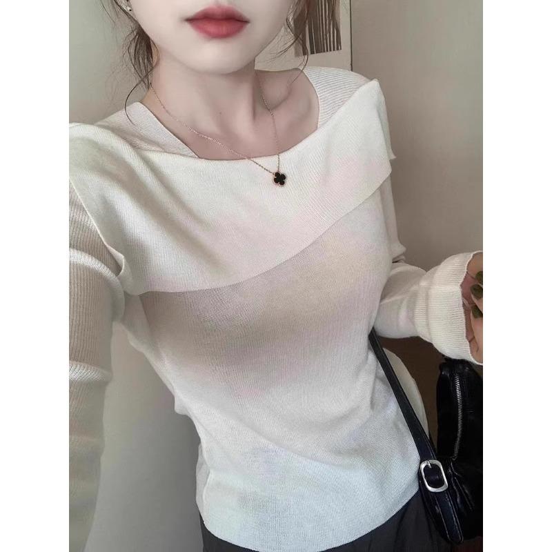Gentle and Lazy Wind One-word Neck Sweater Bottoming Shirt Women's Spring Thin Age-reducing Long-sleeved Inner Top