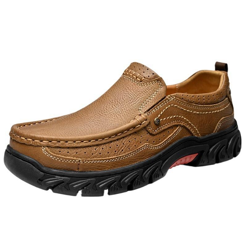 Mens Wide Fit Thick Sole Outdoor Casual Leather Shoes Non-Slip Wear-Resistant Hiking Toe Design