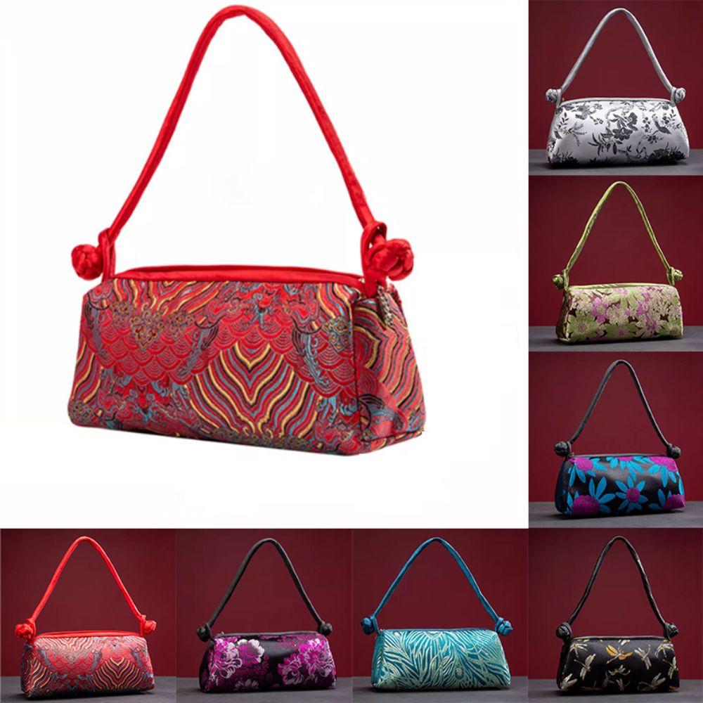 Fashion Silk Embroidered Women Handbag Zipper Chinese Style Design Clutch Bag Knot Retro Cosmetic Bag Gifts