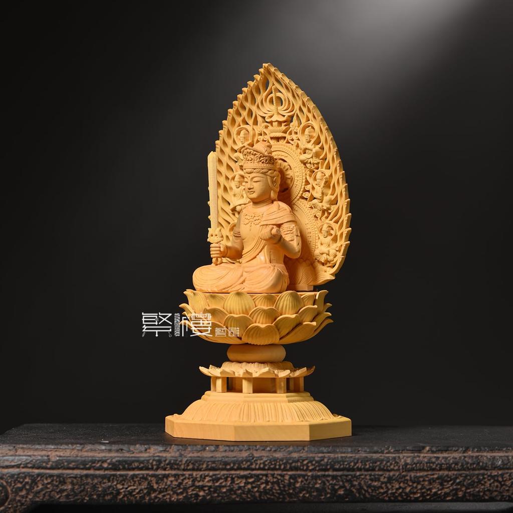 Hanro Art Sculpture Manjushri Bodhisattva Buddhist Altar Buddha Statue Wood Carving Tsuge Tree Flying Heavenly Halo Lotus Pedestal Year of the Rabbit