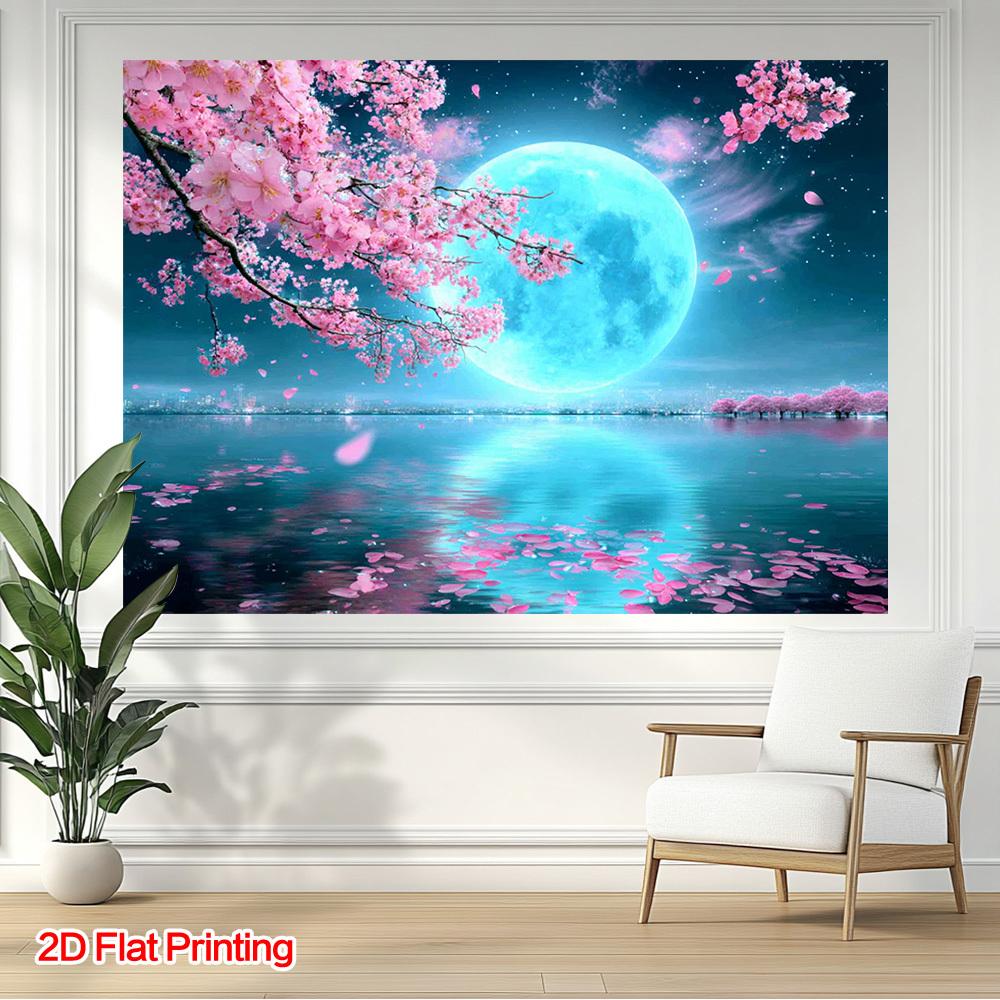 2D Plane the Cherry Blossom Lake Scenery Under the Moonlight Is Very Suitable for Both Indoor and Outdoor Use Polyester Fiber