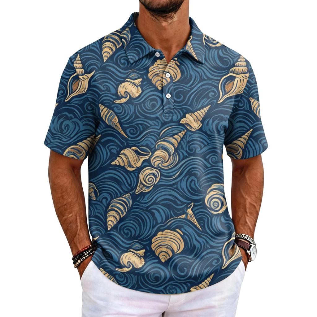 Men's Short Sleeve Polo Shirt Hawaiian Style Loose Fit Casual Top Button Down Collar Soft Fabric All Over Print Design