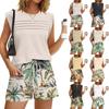 Women's Casual Fashion Crewneck Pleated Hawaiian Print Shorts Set