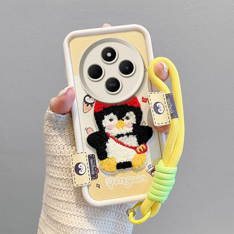 KEYSION Cartoon Cute Plush Embroidery Case for Redmi 14C with Lanyard Soft Silicone Shockproof Phone Cover for Xiaomi POCO C75