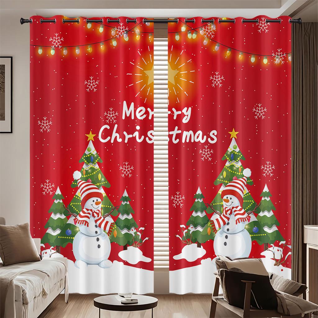Set Of 2 Merry Christmas Snowman Print Red Curtains Multiple Sizes Living Room Insulation Easy Install Curtain Darkening Polyester Machine Washable