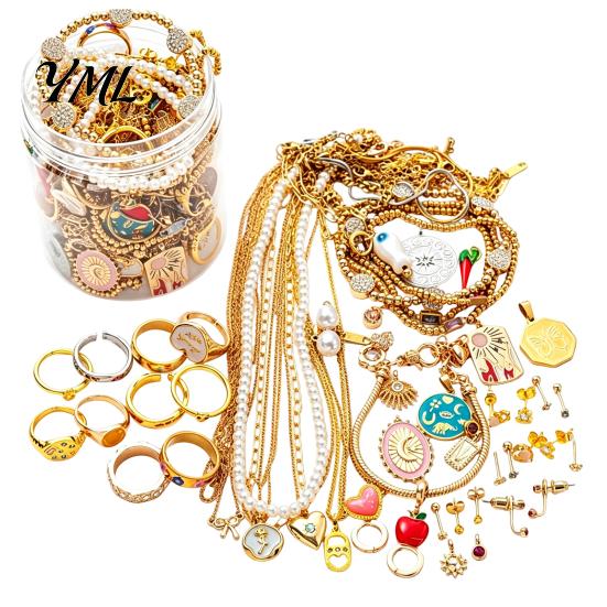 Decorative Jewelry Jar 35/40/45/50/60Pcs Mystery for Women, Box with Assorted Random Necklaces Earrings Rings Bracelets, Silver Golden Plated