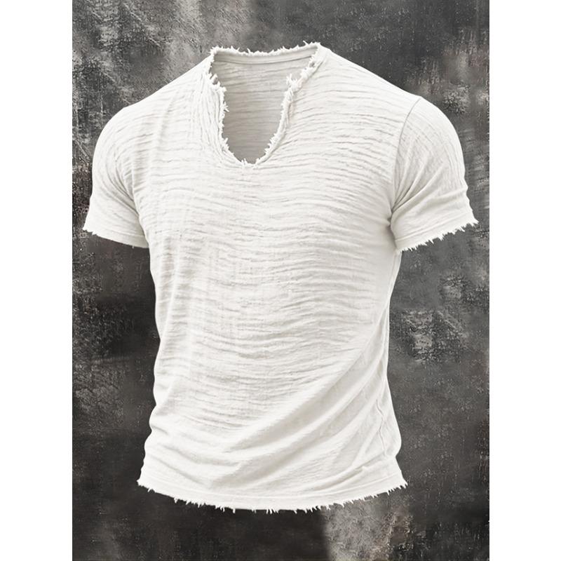 MENFORMAL Heren Khaki Slubtextuur Ruwe Rafelige Rand V-hals T-shirt Verweerd Gerafeld Randje Korte Mouw Casual Vintage Top 4XL wit