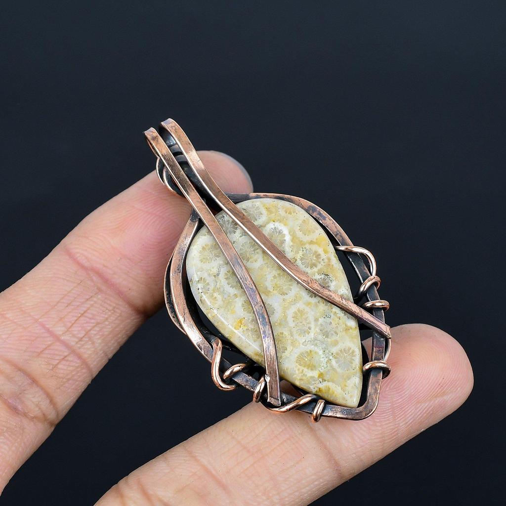 Fossil Coral 999 Copper Wire Wrapped Pendant Handmade Gemstone Jewelry, Gifts For Wife Brand New Jewelry Pendant