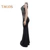 Lady Evening Dress Rhinestone Decor Mesh Patchwork Sleeveless Skinny Round Neck Wedding Party Maxi Dress for Prom Club Formal Banquet