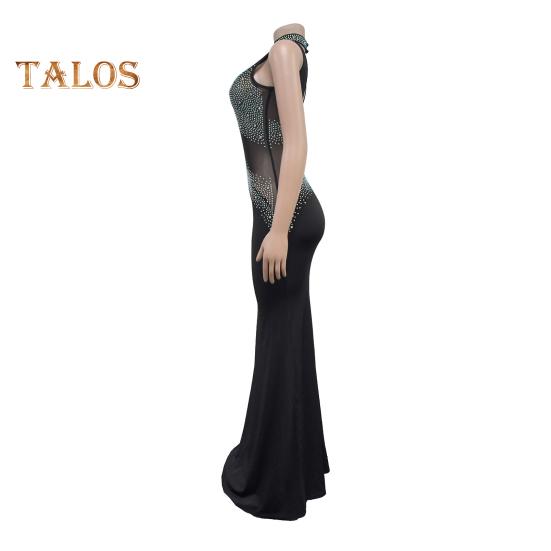Lady Evening Dress Rhinestone Decor Mesh Patchwork Sleeveless Skinny Round Neck Wedding Party Maxi Dress for Prom Club Formal Banquet