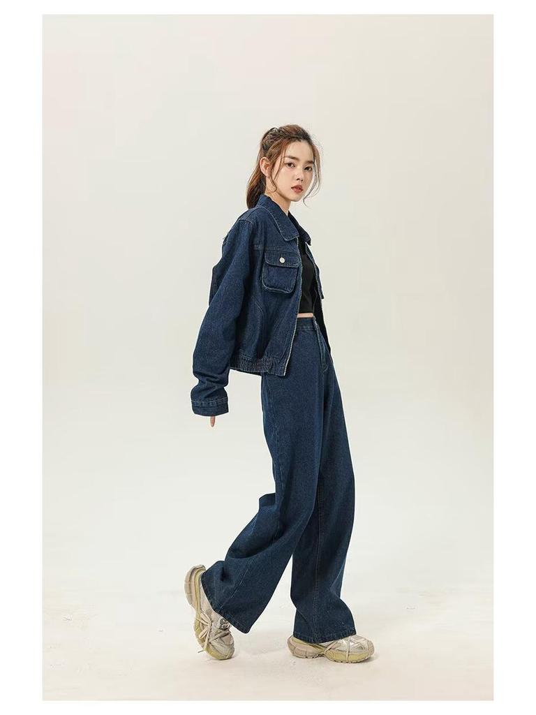 Patchwork Embroidery Denim Jacket and Wide-Leg Pants Set for Men & Women - Autumn Fashion, Retro College Style