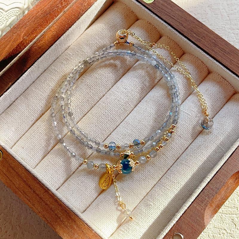 

Elongated stone necklace three-circle bracelet, female natural gray moonlight extremely light luxury sugar heart agate bracelet,