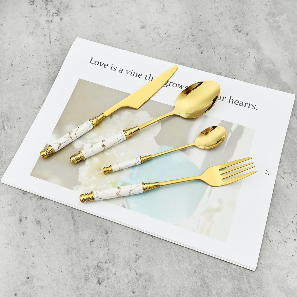 Juego de cubiertos dorados con mango de cerámica de imitación, vajilla de acero inoxidable 304, cuchillos, tenedores, cuchara con soporte para cubiertos, 24 Uds.