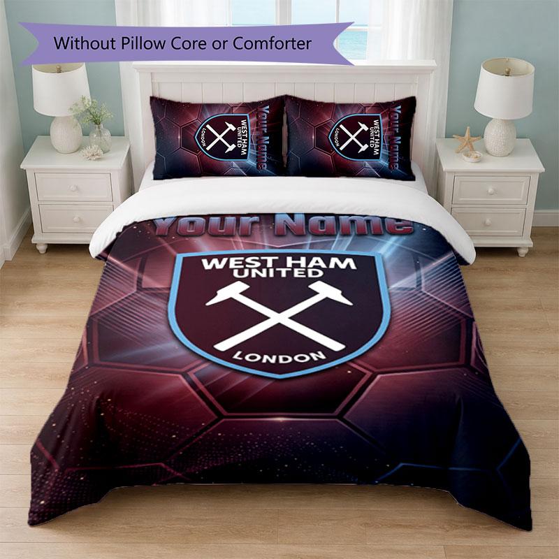 West Ham United FC Individuelles Namens-Text-Bettwäscheset 1 Bettbezug+2 Kissenbezüge Fußball-Logo Personalisierte Geschenkidee für besondere Anlässe Schlafzimmerdekoration