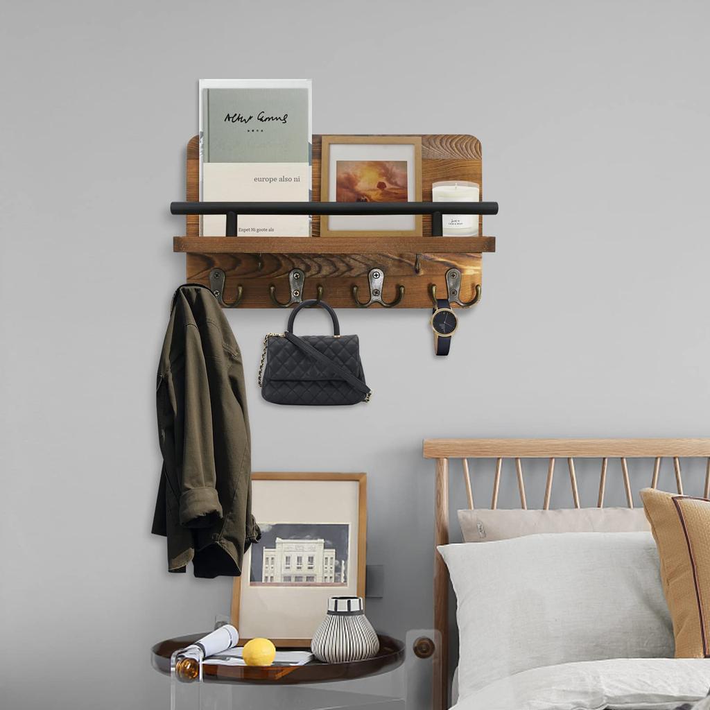 Wooden Key Holder and Mail Organizer for Entrance Decorative Wall Mounted Key Hangers Shelf Hanging Keys Sunglasses Dog Leash