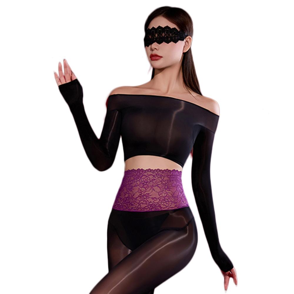 Sexy Women Off Shoulder Thin Short Top Sheer See Through Short T-Shirt Oil Glossy Shiny Top Shirts Summer T-Shirt Yoga Maid Wear