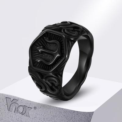 Vnox Czarny Sygnet z Trójzębem dla Mężczyzn, 13,3 mm Masywny Szeroki Sześciokątny Geometryczny Top, Pierścień na Palec, Biżuteria Symbol Siły i Mocy