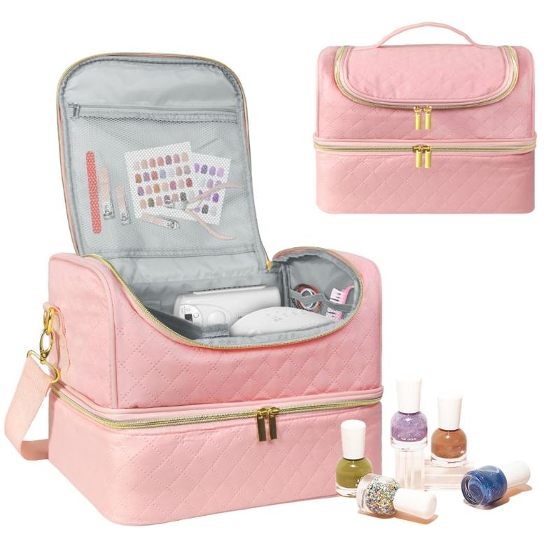 Portable Nail Varnish Organizers Bag Double Handles Adjustable Strap Waterproof Polyester Makeup Storage Case 30x22x25cm