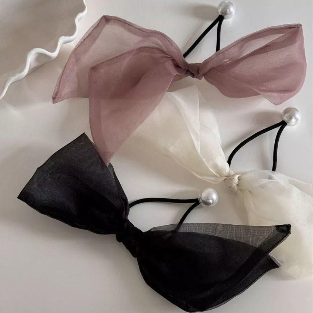 Mesh Pearl Bow Hair Loop Elastic Hair Rope Cute Headstring Women Girl