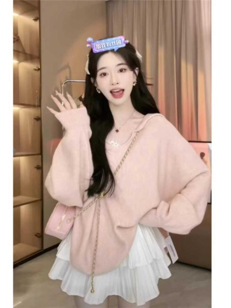 Women's Batwing Sailor Collar Pullover Sweater - Solid Color Knit Top for Autumn
