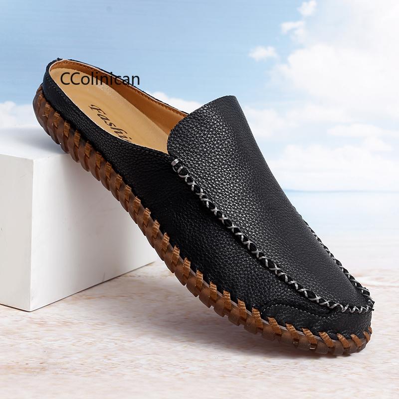 Hot Work Handmade Fashion Men Half Loafers Genuine Leather Slippers Loafer Slides Breathable Mules for Man Outdoor Lightweight