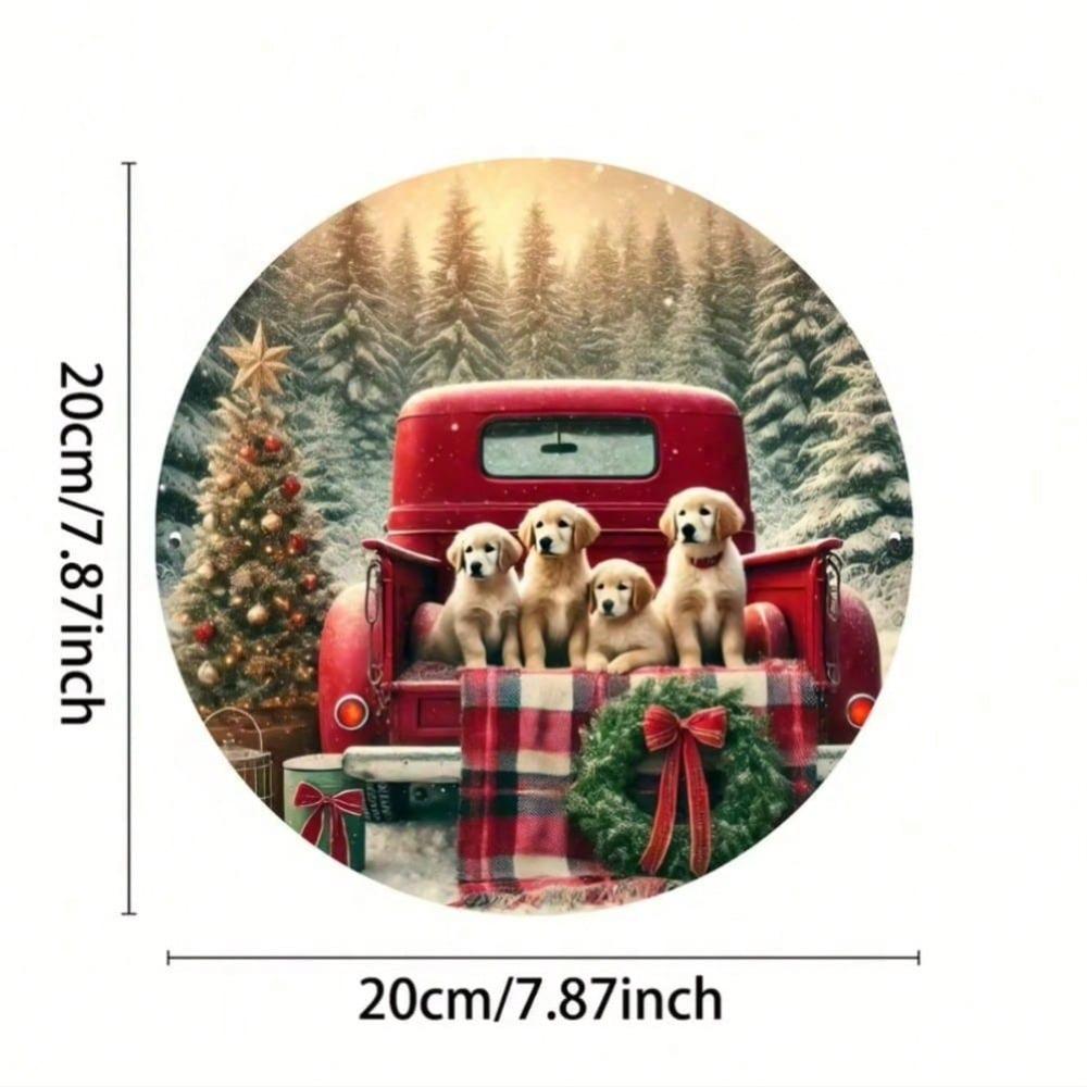 Rustic Round Metal Sign Dog Red Truck Christmas Wall Decor