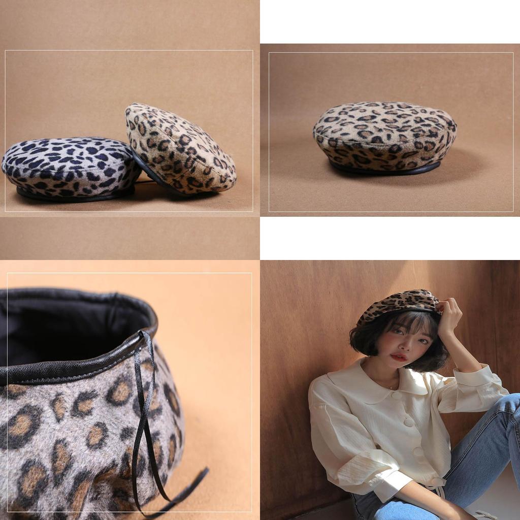 Women Vintage Leopard Print Wool Soft Winter Warm Beret Classic Beanie Hat