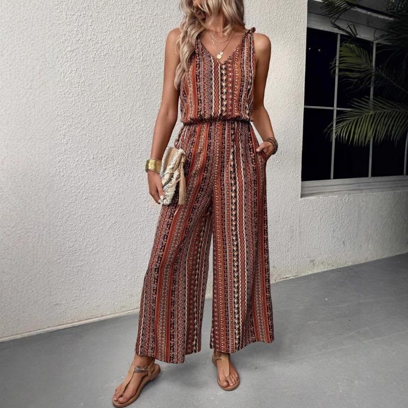 Women Bohemian Print Sleeveless Jumpsuit V Neck Wide Leg Casual Romper S жёлтый