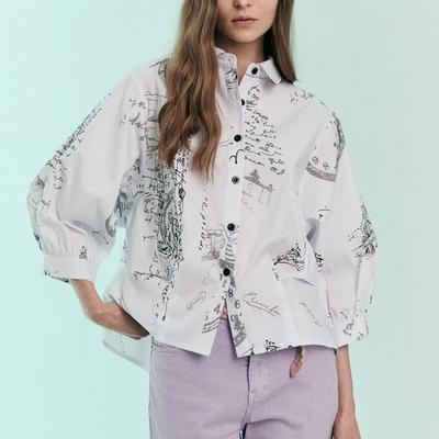 Krój Print Rękaw Wolumenowy Koszula Bluzka Zc06qb021on