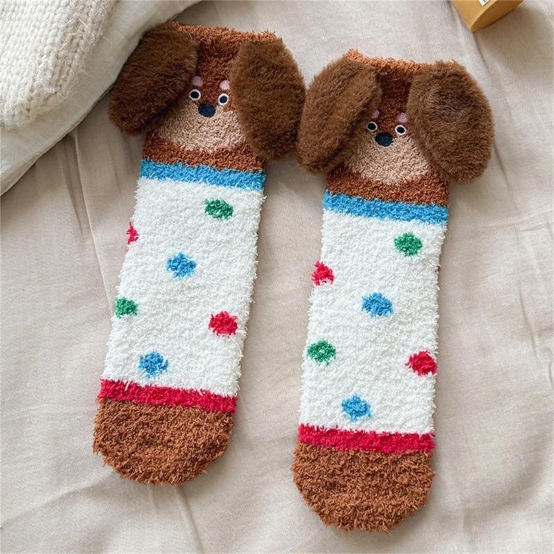 1Pair Thick Socks Cartoon Floor Socks Warm Coral Fleece Socks Comfortable Sleep Socks Skin-friendly Sausage Dog