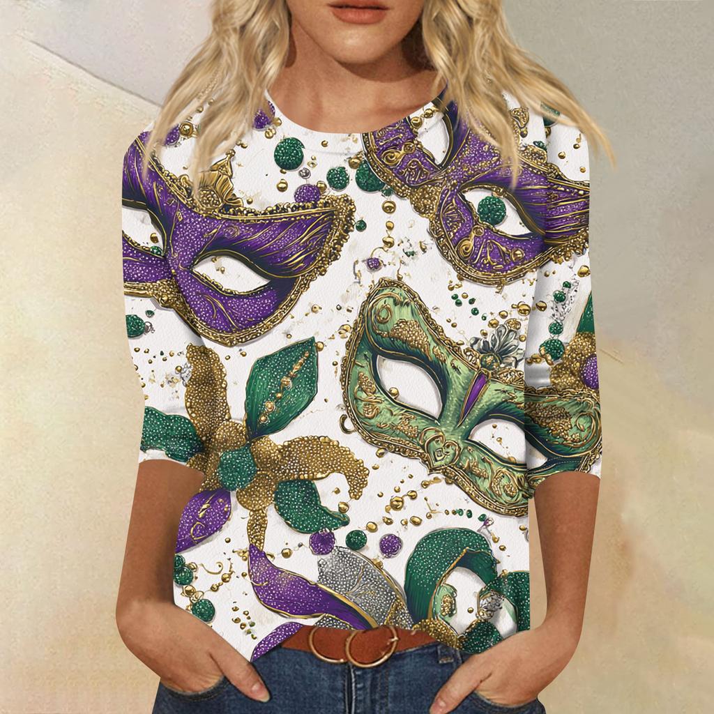 Women's Fashion Casual Round Neck Three-quarter Sleeve Carnival Print T-shirt Top