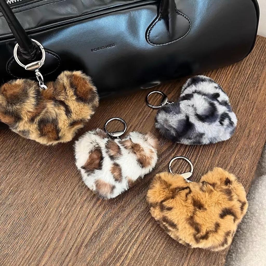 Retro Leopard Y2K Korean Heart Shaped Plush Keychain Pendants Women Charm Bag Pendant Couple Key Ring Gift Key Jewelry