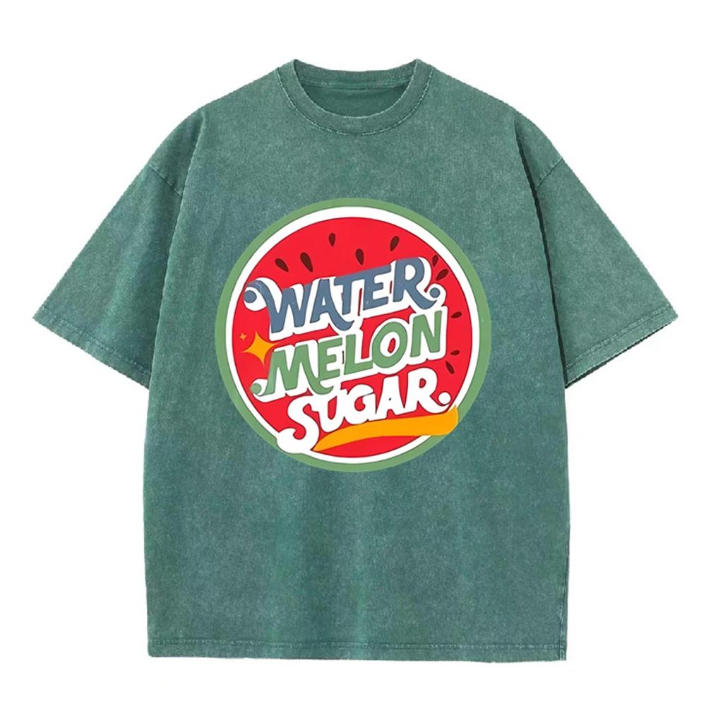 2026 Vintage Washed Green Summer Watermelon Circle Graphic T Shirt Retro Fruit Slogan Print Oversized Unisex Casual Short Sleeve