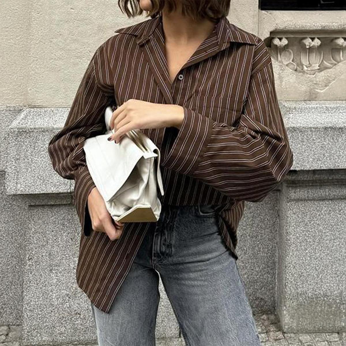 

Casual Vacation Versatile Plaid Long-sleeved Coat Shirt for Women 2025 Autumn and Winter S коричневий
