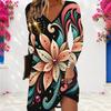 Women Plus Size V Neck Long Sleeve Printed Black Green Gold A Line Dress